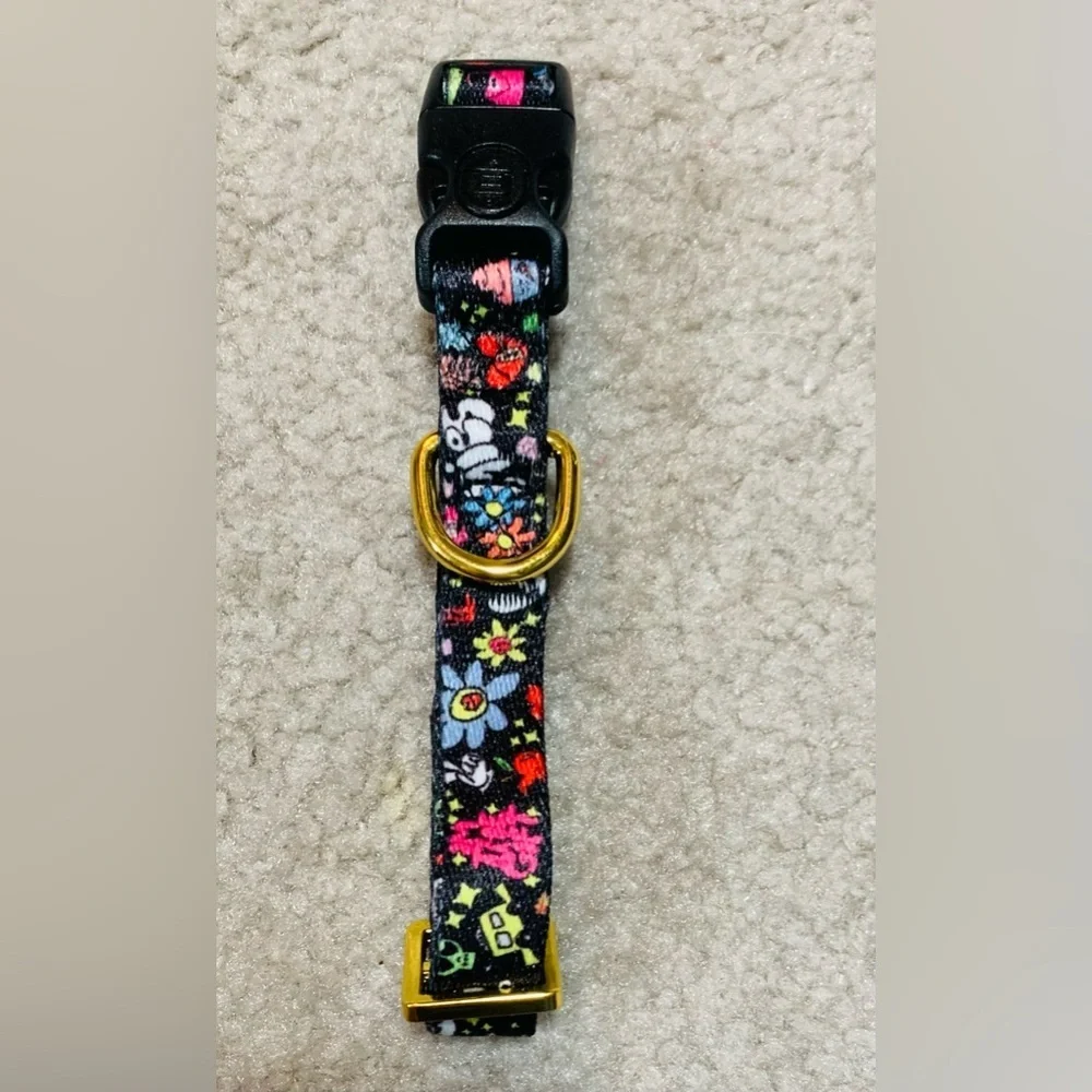 bloomies‎ New Black Colorful Doodle Fabric Dog Collar Small Goldtone Buckle